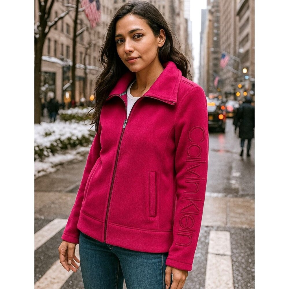 Calvin Klein XS Performance Polar Fleece Embroidered Monogram Zip-up Jacket Pink